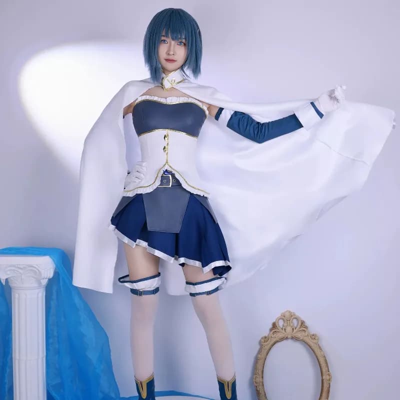 Costume da Ragazza Magica Blu e Bianca, Cosplay Puella Magi Madoka Magica Miki Sayaka, Set Completo con Mantello e Gonna per Donne, Halloween