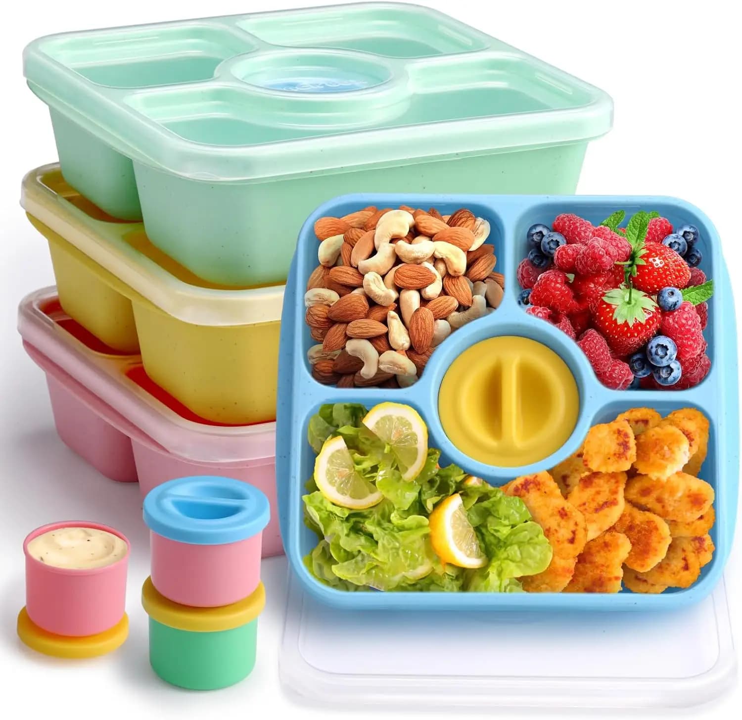 Set di 4 Contenitori Bento Riutilizzabili con Coperchi e Vaschette per Salse, Contenitori Impilabili in Colori Pastello per Preparazione Pasti