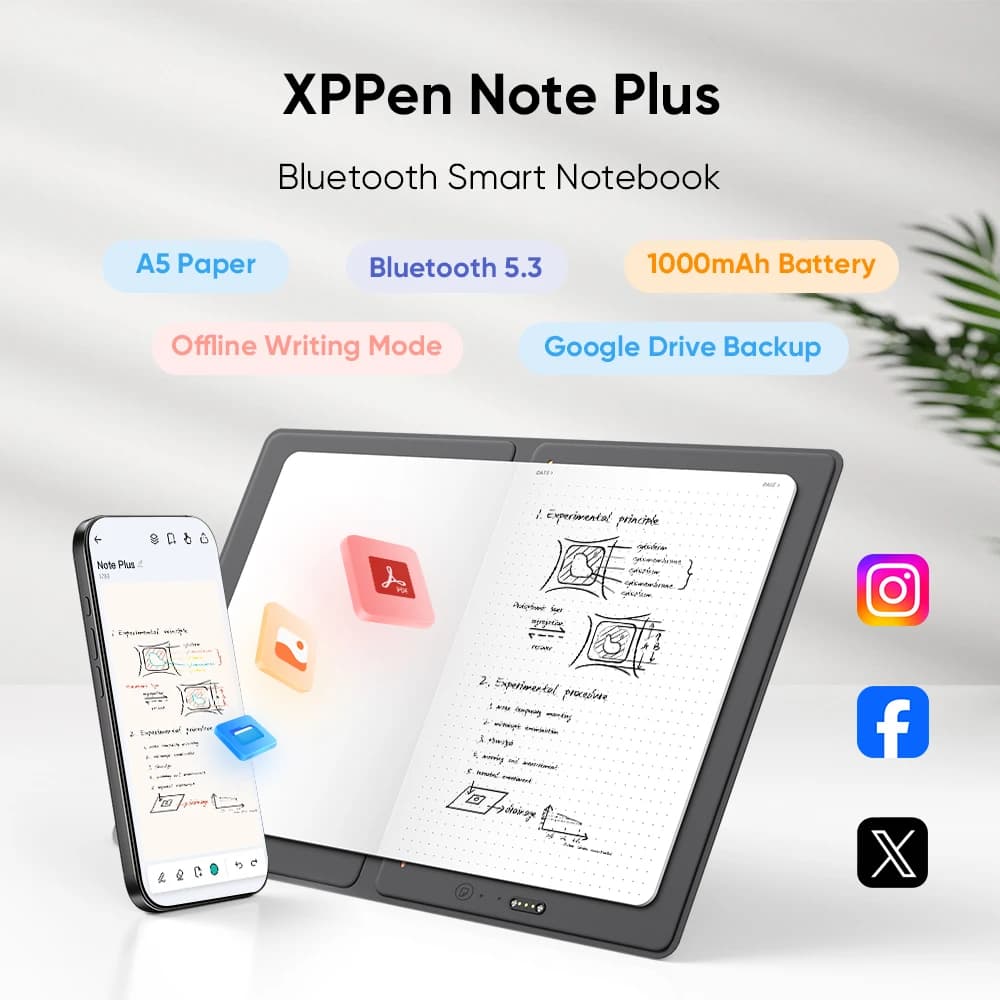 XPPen Note Plus Bluetooth Smart Notebook Penna senza batteria Tavoletta grafica Tavoletta per scrittura digitale Formato A5 Compatibile con iOS e Android