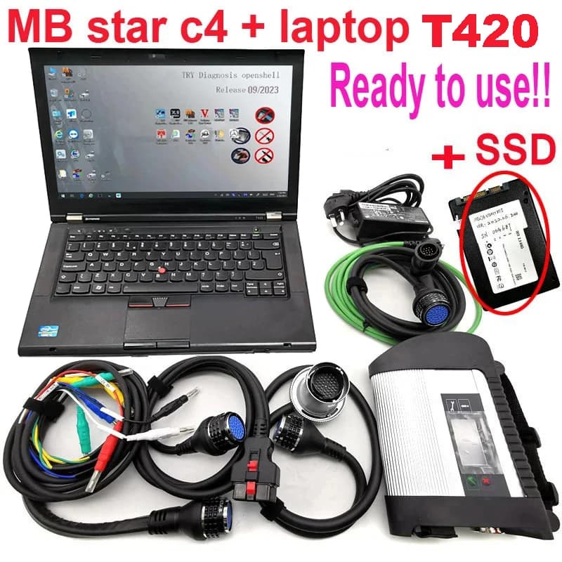 Scanner diagnostico Star Diagnosis C4 OBD2, multiplexer MB Star C4, software SD Connect HHT WIN, SSD, Wi-Fi, laptop MB Star T420, strumenti diagnostici.
