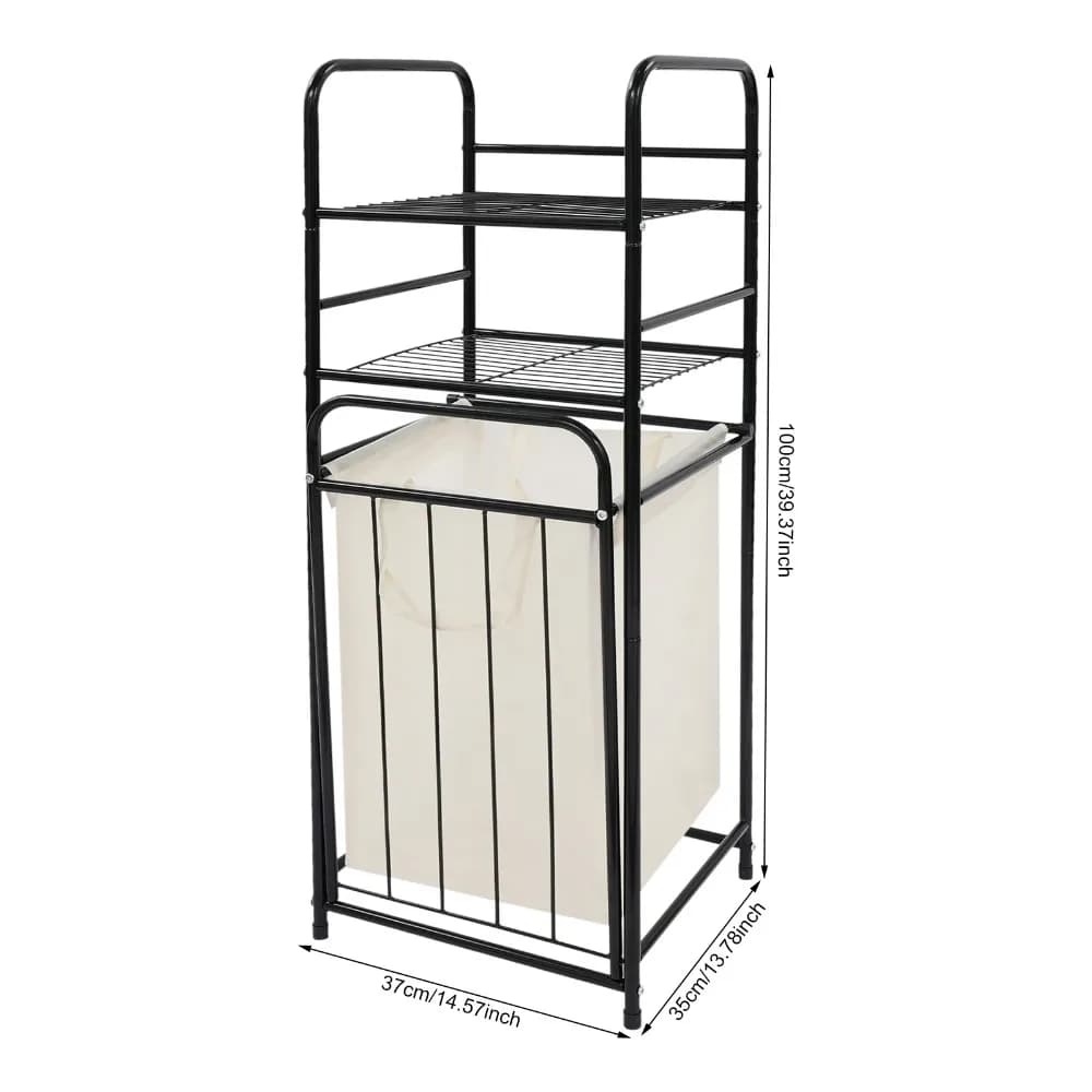39.37in Tall Tilt Out Laundry Hamper with Shelves 100x37x35CM - Black Carbon Steel Frame,Removable Mesh Liner Bag,2-Tier Storage