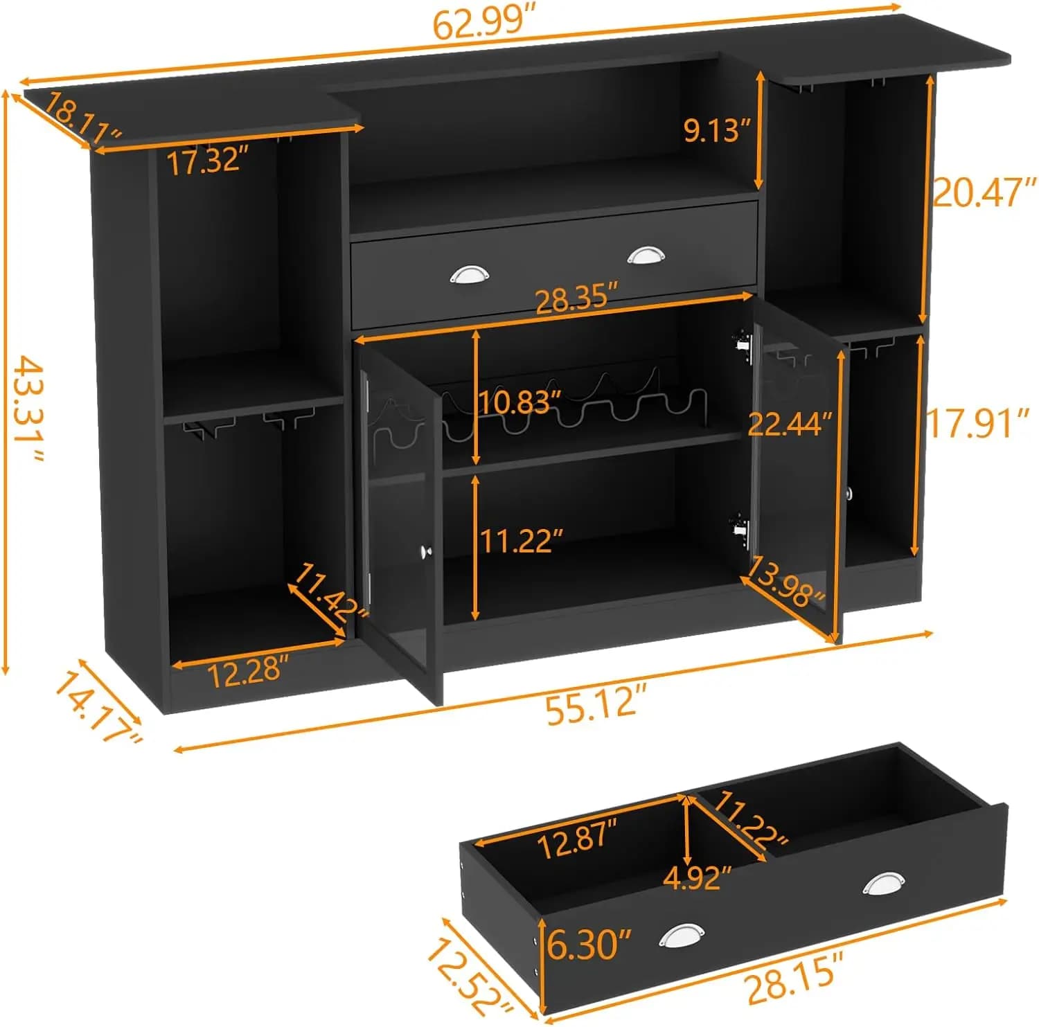 Tavolo da bar con LED e cassetto, mini bar per liquori con contenitore a 8 livelli e porta calici, supporto per bar alcol per vino con vetro D