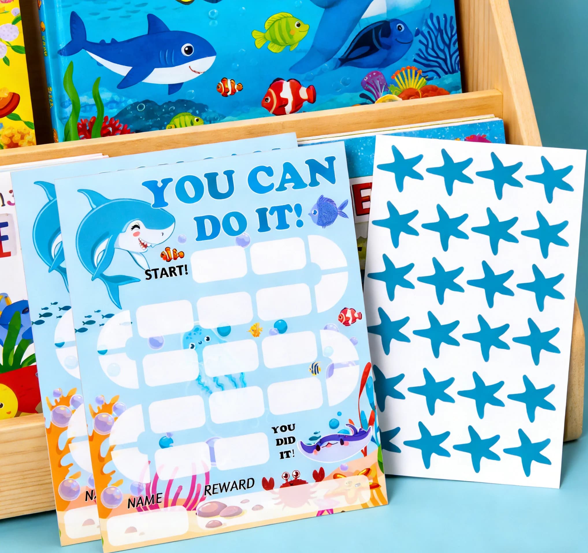 Marine Animal Reward Chart Cards with Stickers 10 Pack Reusable Behavior Incentive Chart Card for Classroom, Home