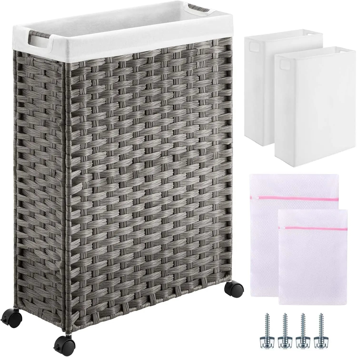 66 Liters Sweat Basket with Wheels, Removable Lining and Net Bags, Rattan Basket for Bedroom, Grey