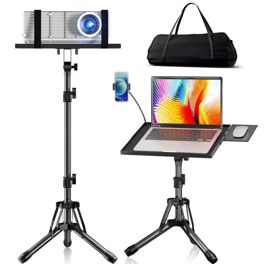 Height adjustable projector support from 20 to 61 cm, folding tripod with mouse tray and telephone support, laptop floor support