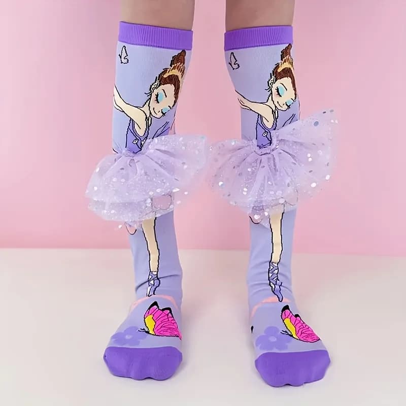 1 paio di calze per bambini con motivo a farfalla, stile balletto, dolce stile romantico, calzini con decorazione in tulle glitterato.