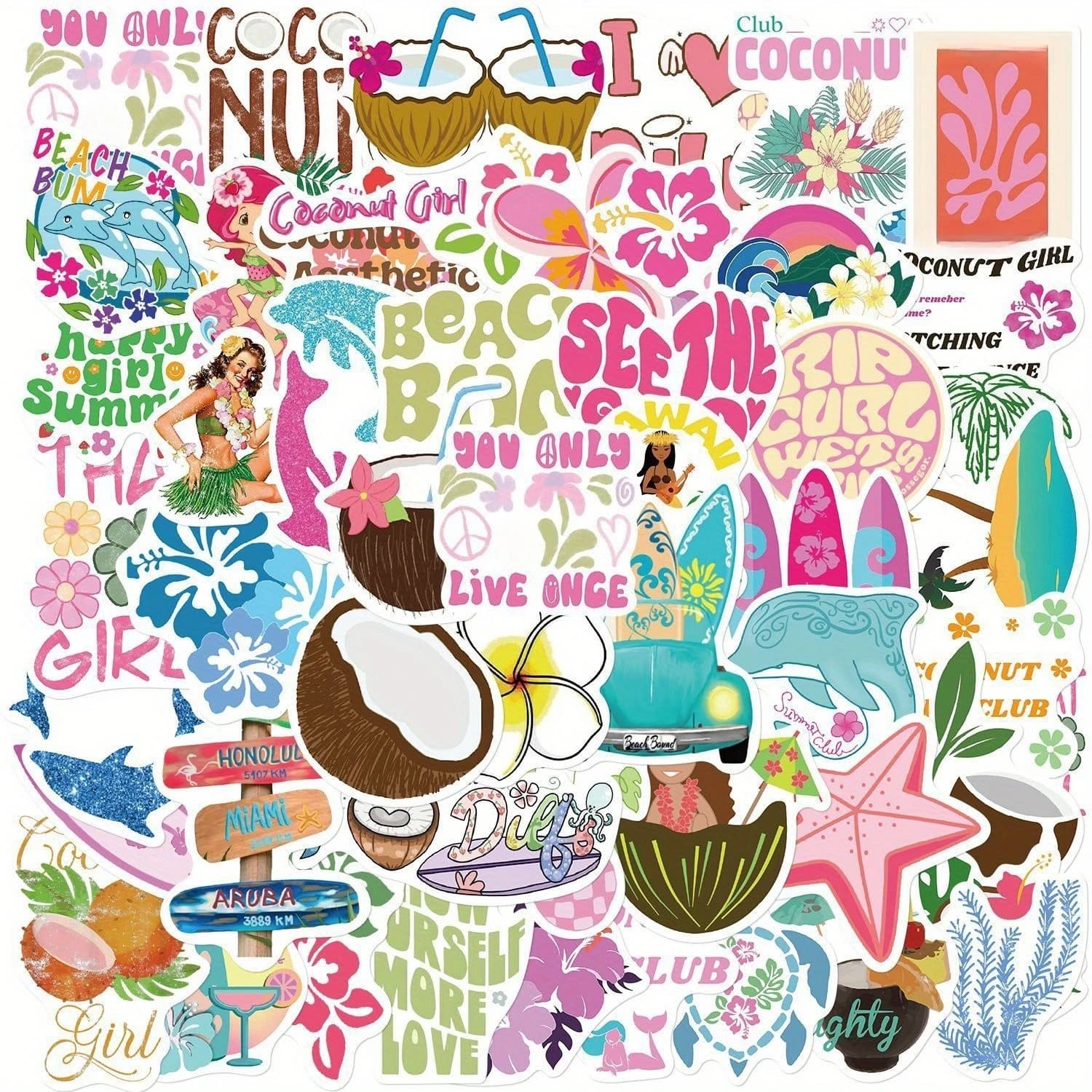 50 adesivi divertenti con graffiti estivi a tema cocco per bottiglie d'acqua, caschi di sicurezza, bagagli, biciclette, skateboard