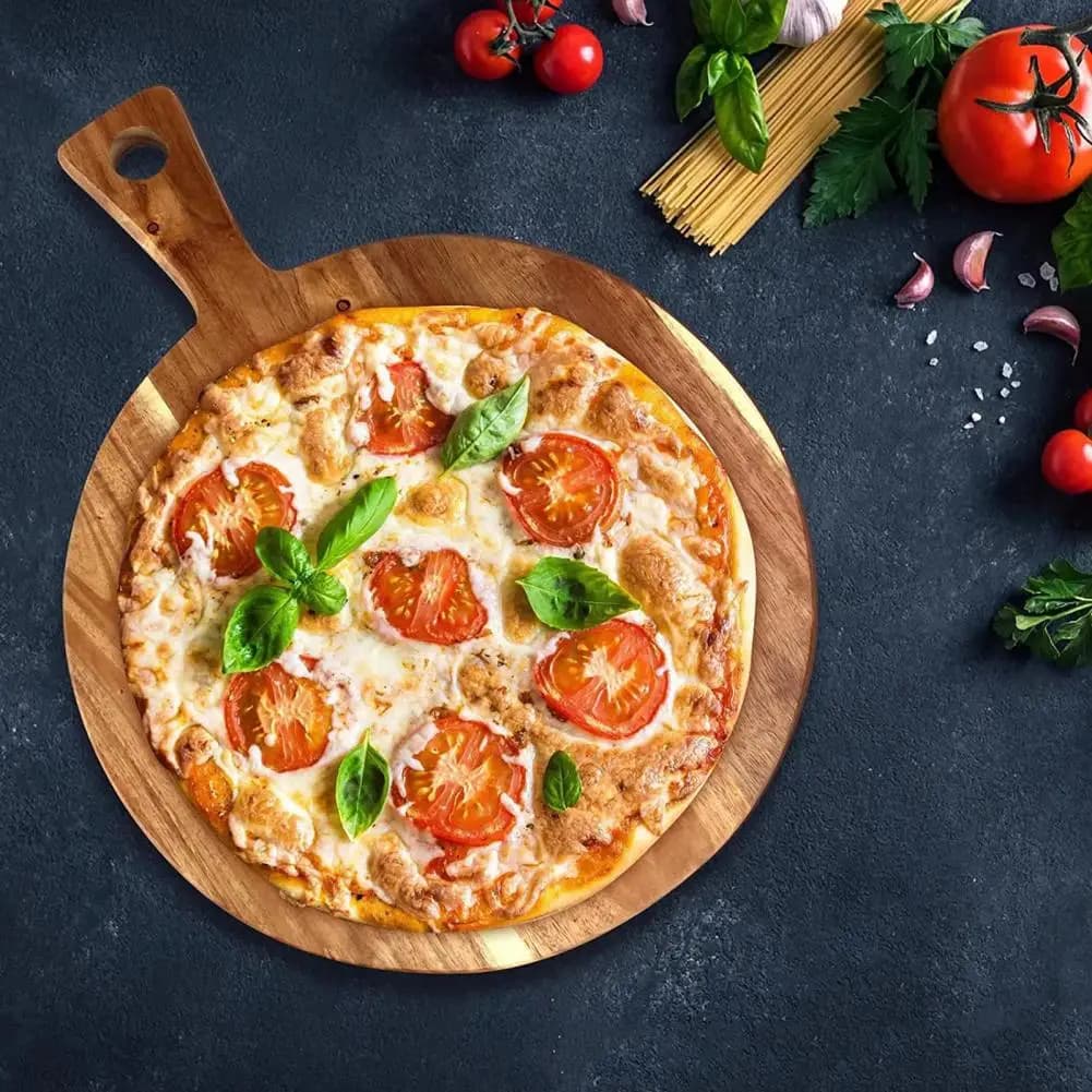 Tagliere per Pizza in Legno, Vassoio per Salumi con Manici in Legno di Acacia, Multifunzionale per Formaggi e Carni