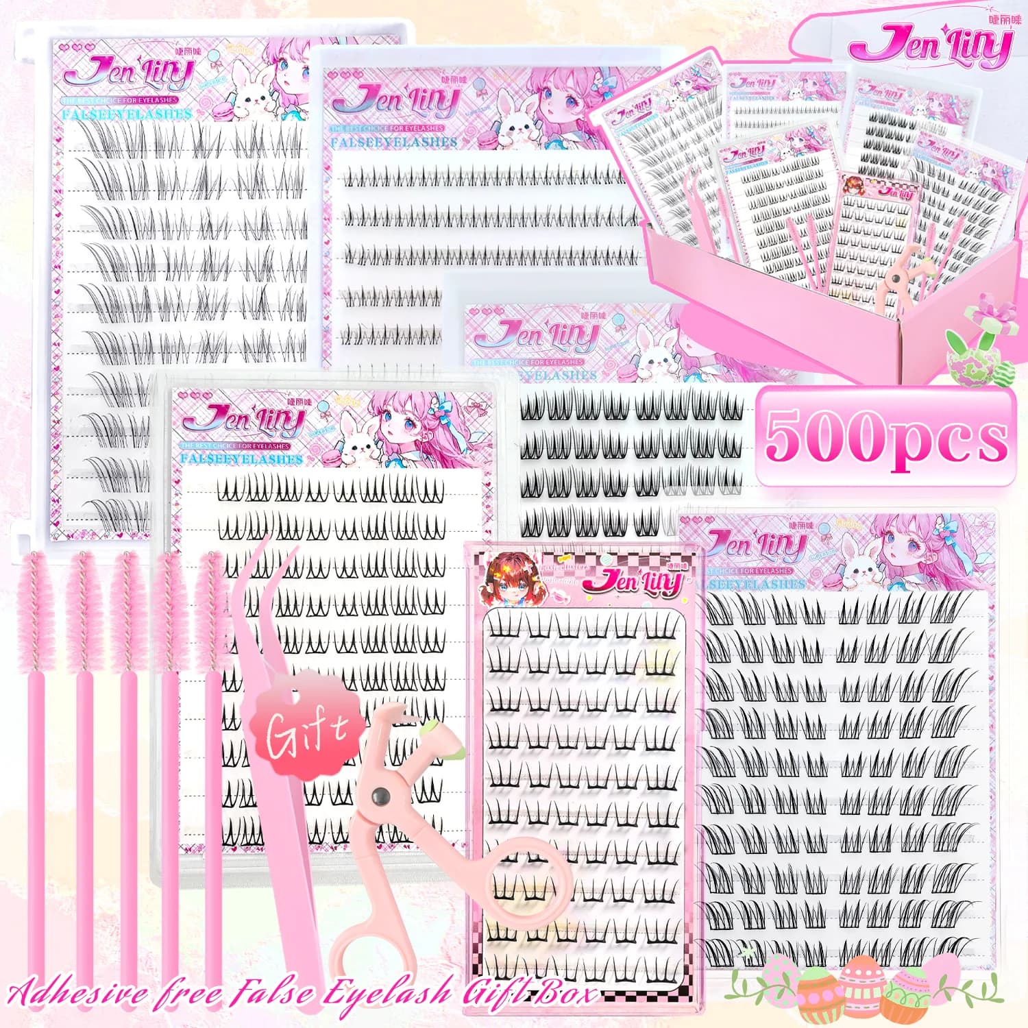Set Regalo 500 Pezzi di Ciglia Finte Autoadesive, 6 Stili con 5 Ciglia Superiori e 1 Inferiore, Aspetto Naturale Kpop, Riutilizzabili e Confortevoli
