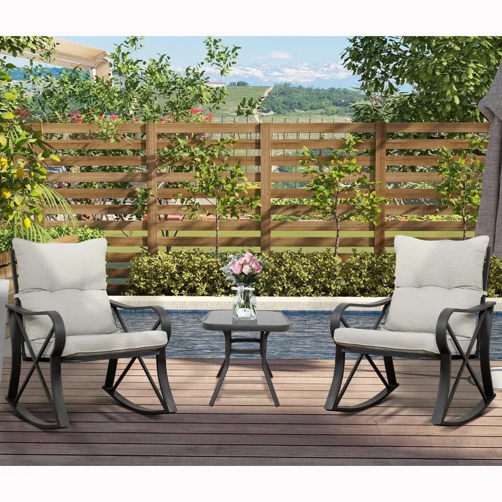 Set of bistro with outdoor rocking chairs in 3 pieces Set of garden furniture in wickers Set of patio rocks with metal structure with white cushions, front porch