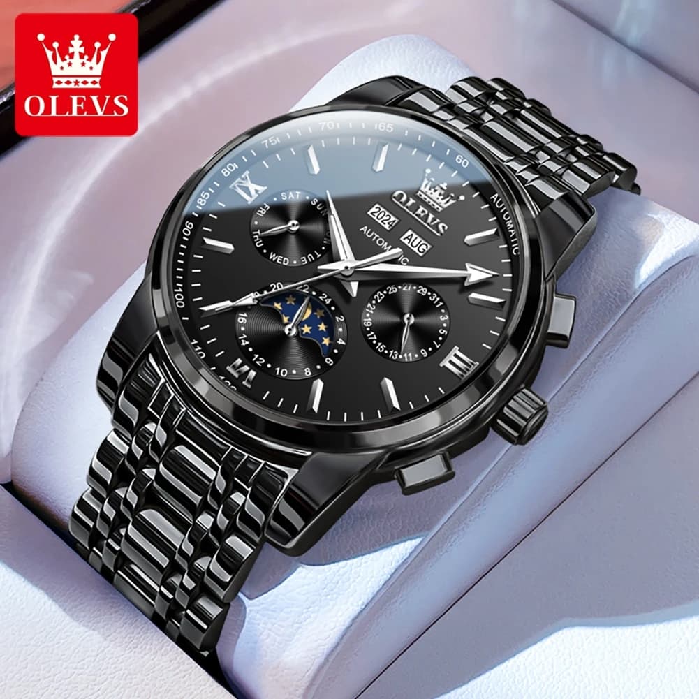 OLEVS 6633 Orologio da Polso Meccanico da Uomo in Acciaio Inossidabile Impermeabile di Lusso con Fasi Lunari, Giorno della Settimana e Data