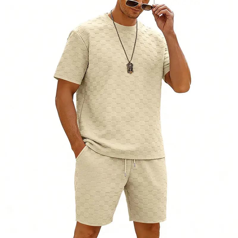 Completo estivo da uomo, modello a scacchi, due pezzi, t-shirt e pantaloncini, abbigliamento sportivo casual.