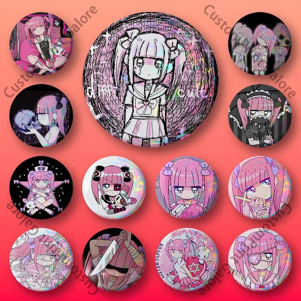 M-Menhera Girl C-Chan Distintivi Rotondi Personalizzati 75 58 44 32 25 mm Spille Smaltate per Zaino Cappello Accessori Giocattoli Regali