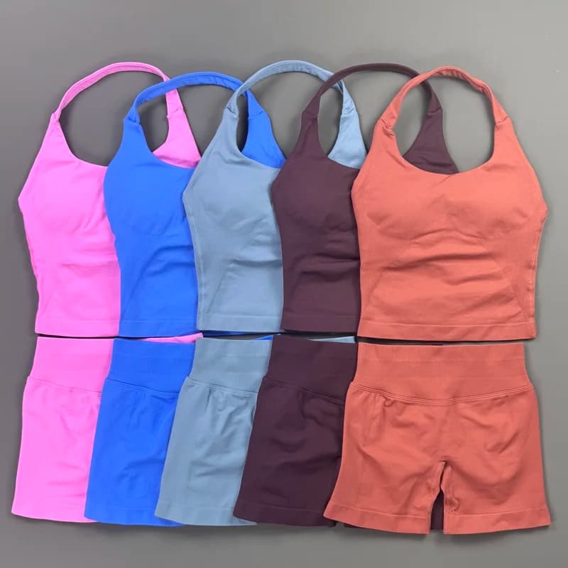 2Piece Gym Set Women Padded U Neck Tank Top High Waist Hip Lifting Biker Shorts Seamless Soft Fitness Pilates Workout Sportswear