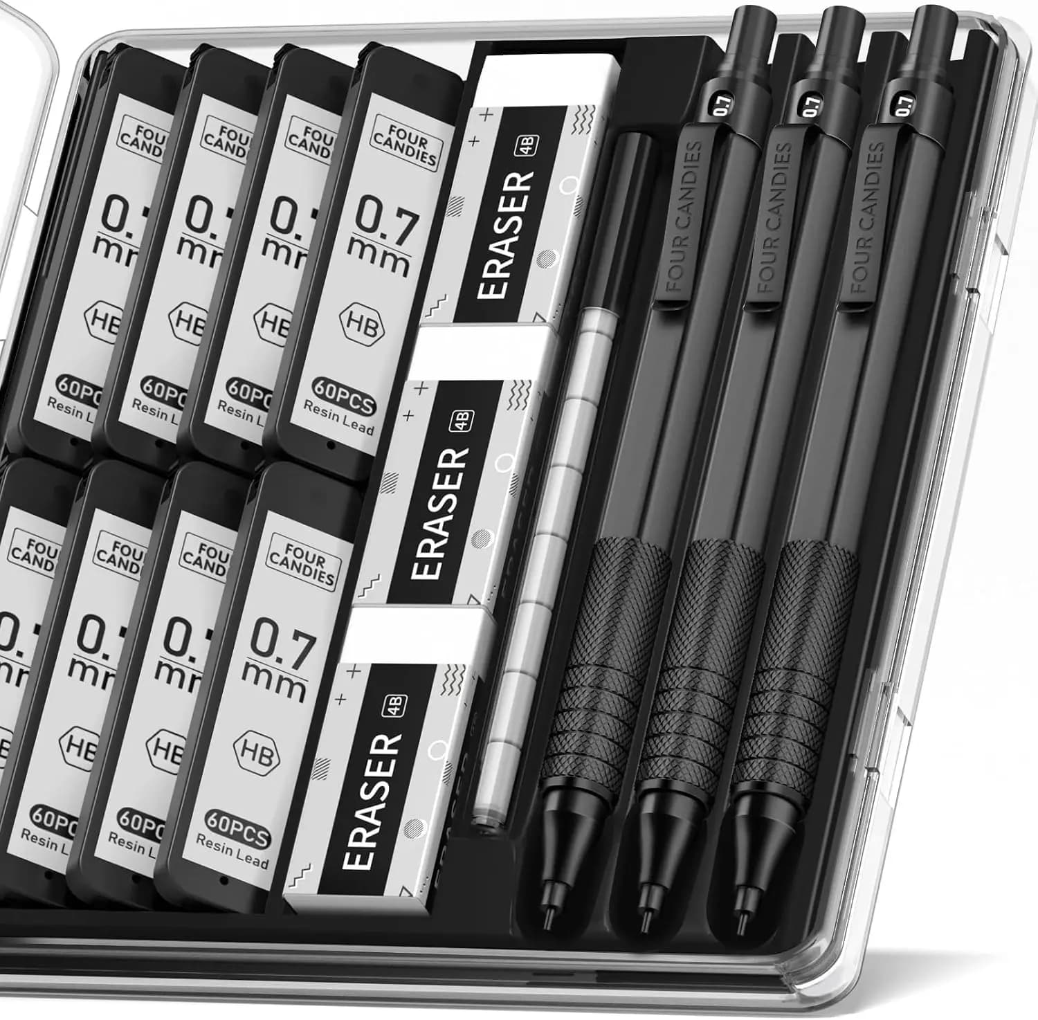 Premium 0.7mm Mechanical Pencil Set - 3 Metal Pencils with Anti-Skid Grip, 480 Leads, Erasers & Case for Writing, Drawing, Drafting