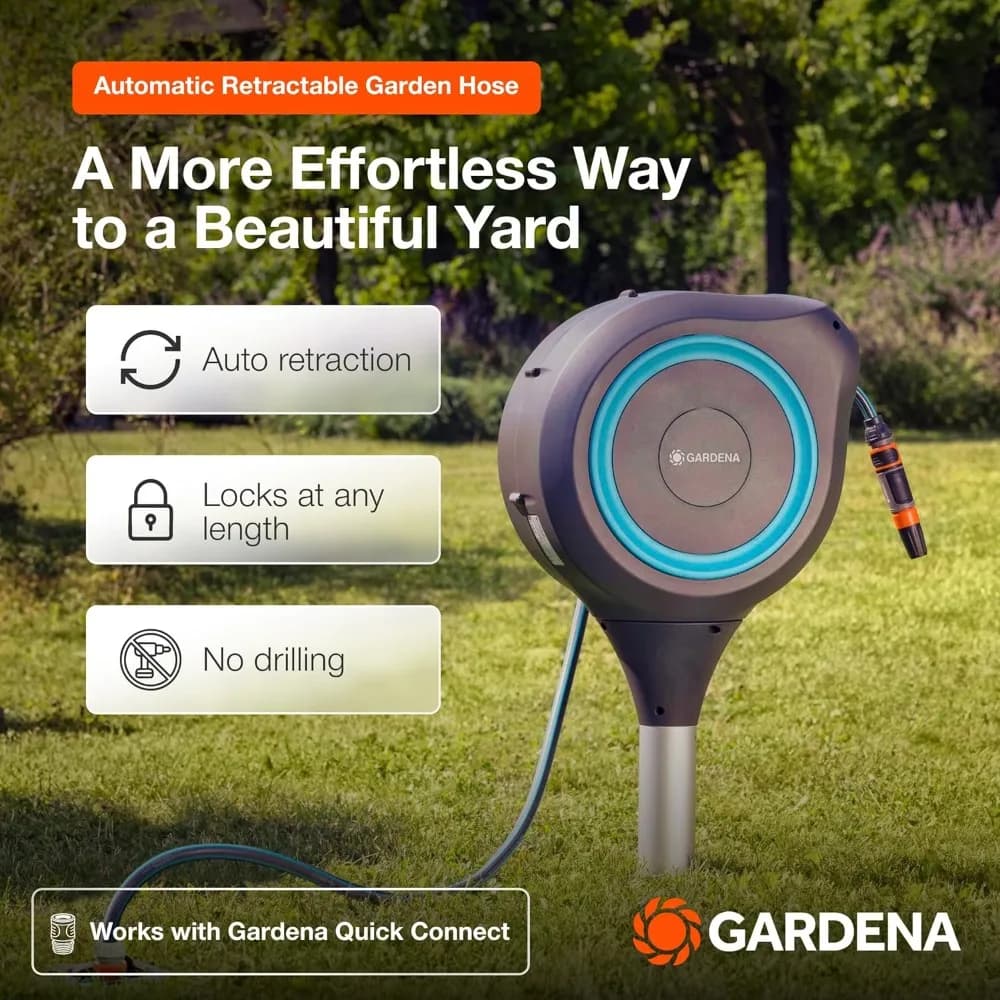 Avvolgitubo da Giardino Automatico Retrattile 66ft con Base Girevole a 360° e Picchetto in Metallo, Resistente ai Raggi UV, Nessun Attrezzo Necessario, Spedizione dagli USA