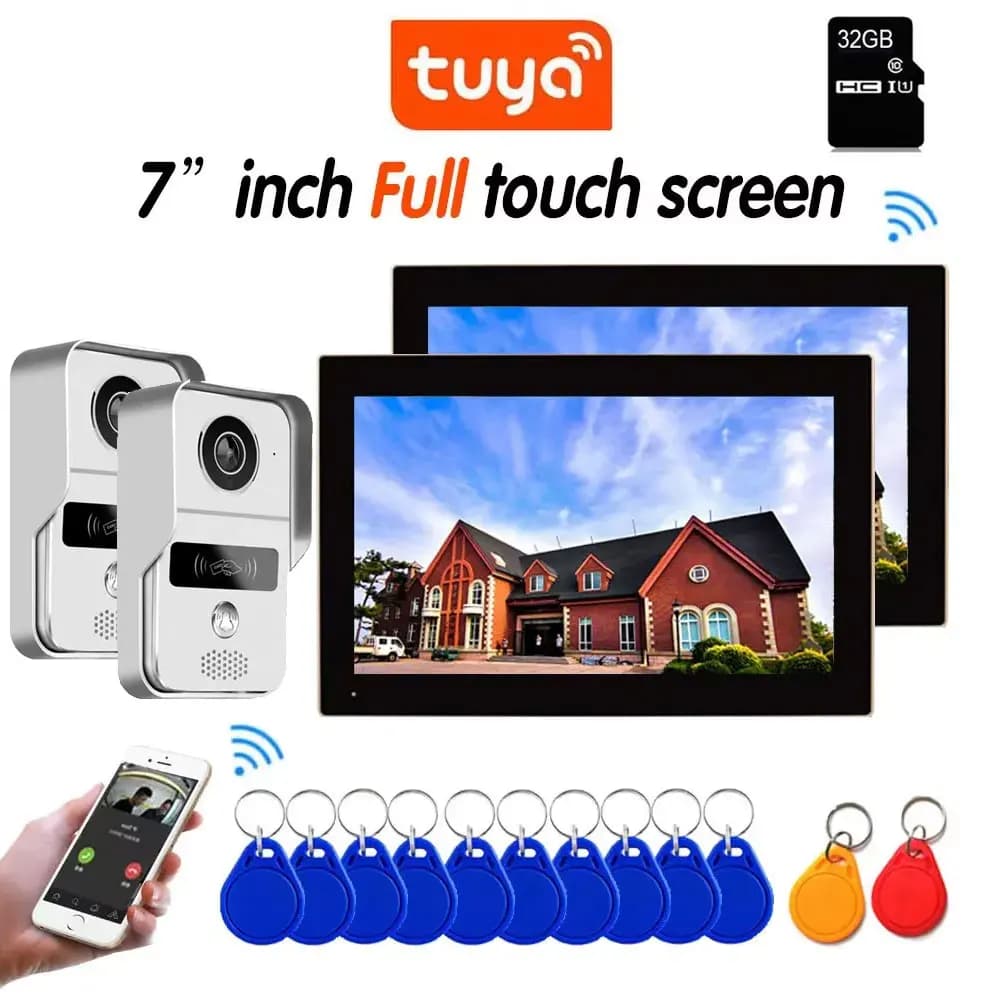 Wireless WiFi 4-wire video intercom with 2 monitors and 2 7-inch cameras, RFID control system for Tuya Smart Home