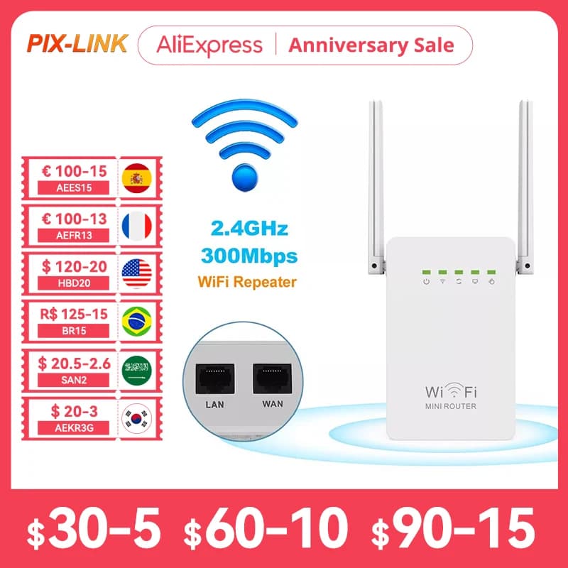 PIXLINK 300Mbps WiFi Router amplificatore Network Expander Repeater Power Extender Roteador 2 Antenna per TPLINK Xiaomi Tenda