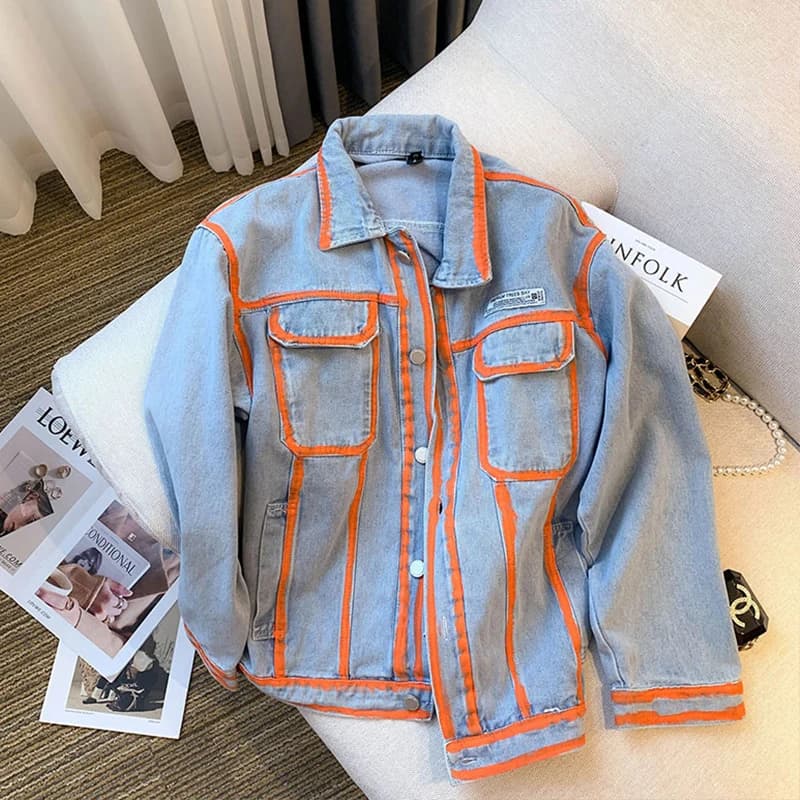 Tie-Dye Graffiti Denim Jacket Women's Autumn Winter Short Style plus Size Versatile Casual Sweet Style Button up Coat
