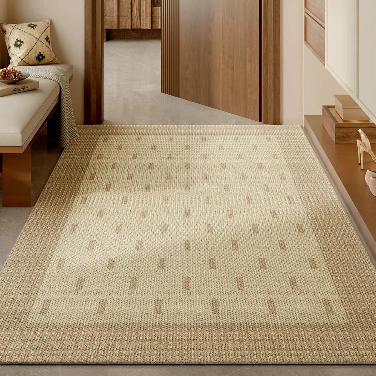 Woven texture home silk ring anti-skid cuttable floor mat household door mat square beige anti-skid