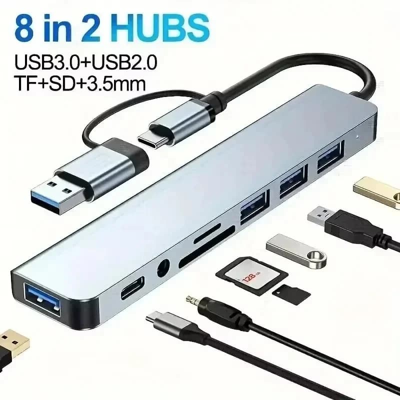 USB-C 8-in-1 & 8-in-2 Hub – RJ45 Ethernet, SD/TF Card Reader & PD Fast Charging for MacBook & Laptops