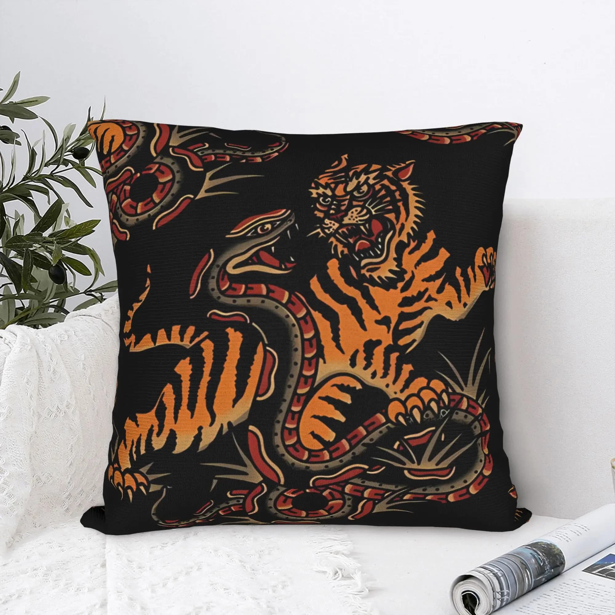 1pc Tattoo Tiger Vs Snake Throw Pillow Cover 2D Double-Side Print Polyester Cushion Case for Home Sofa Tattoo Lover Housewarming
