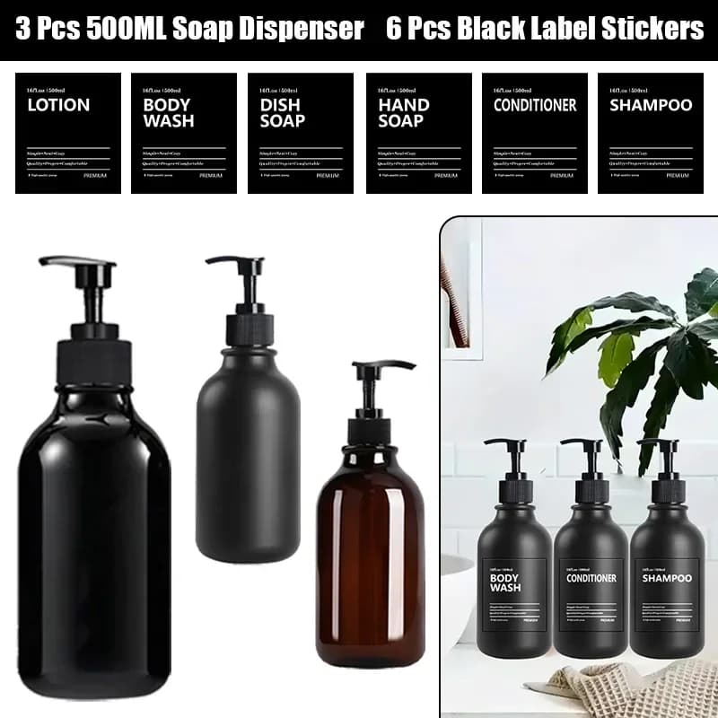 Dispenser di sapone da 500 ml con etichette 3 pezzi Cucina Bagno Shampoo Balsamo Bottiglie Pompa a mano Contenitore vuoto per gel doccia liquido