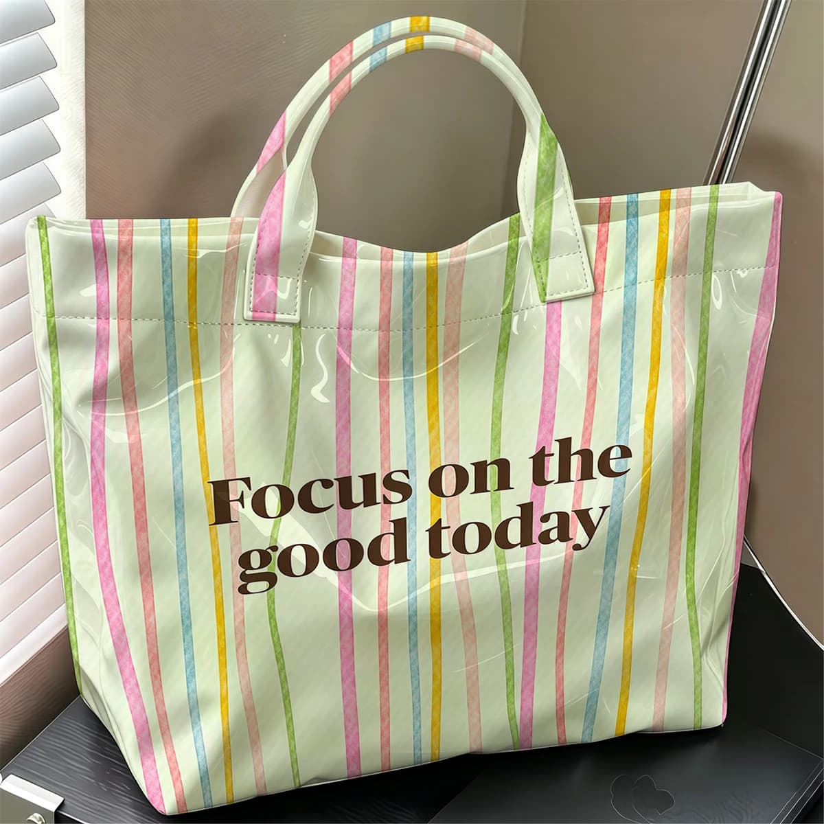 Rainbow Line Positive Stylish Large Glossy PVC Tote Bag Washable Waterproof Durable Ideal for Travel Commute Cosmetics Handbags