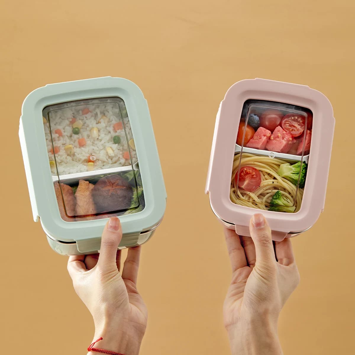 Lunch container with 304 stainless steel compartment for microwave Bento Box food container for students with cold and hot food proof stackable