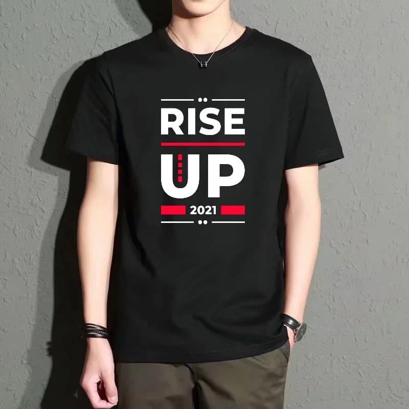 Men's Black Round-Neck Short-Sleeved T-Shirt with Rise up Lettering Print, Street Fashion Casual Style, Versatile for Everyday Wear, Comfortable and Breathable