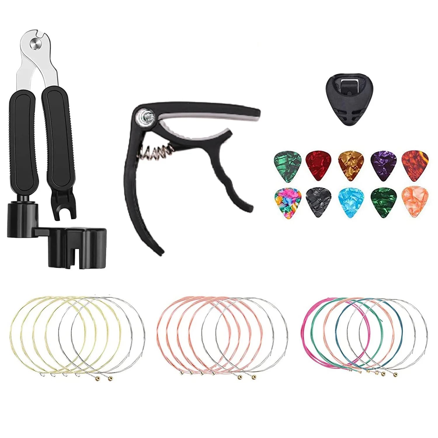 ABXZ 18PCS Kit corde per chitarra, strumento per cambiare chitarra acustica, corde acustiche, plettri per chitarra, cotta, adesivi in scala, supporto per plettri