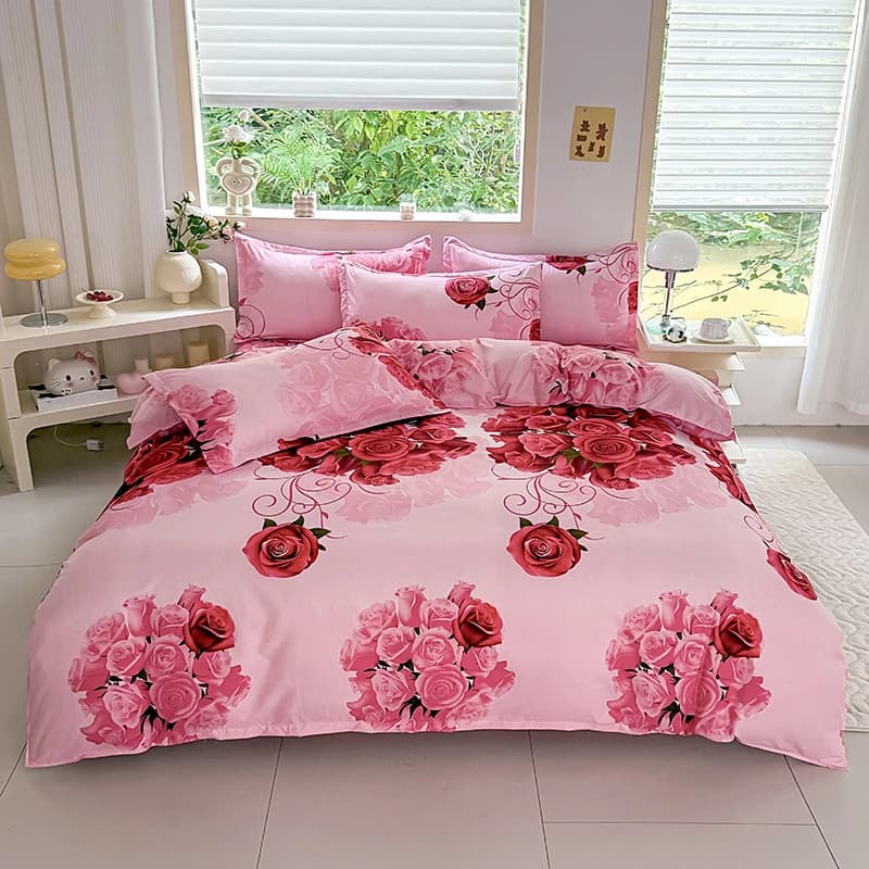 Set di Biancheria da Letto Floreale Rosa 4 Pezzi, Lenzuola Morbide e Traspiranti con Copripiumino, Federe e Lenzuolo, Misure Full/Queen/King