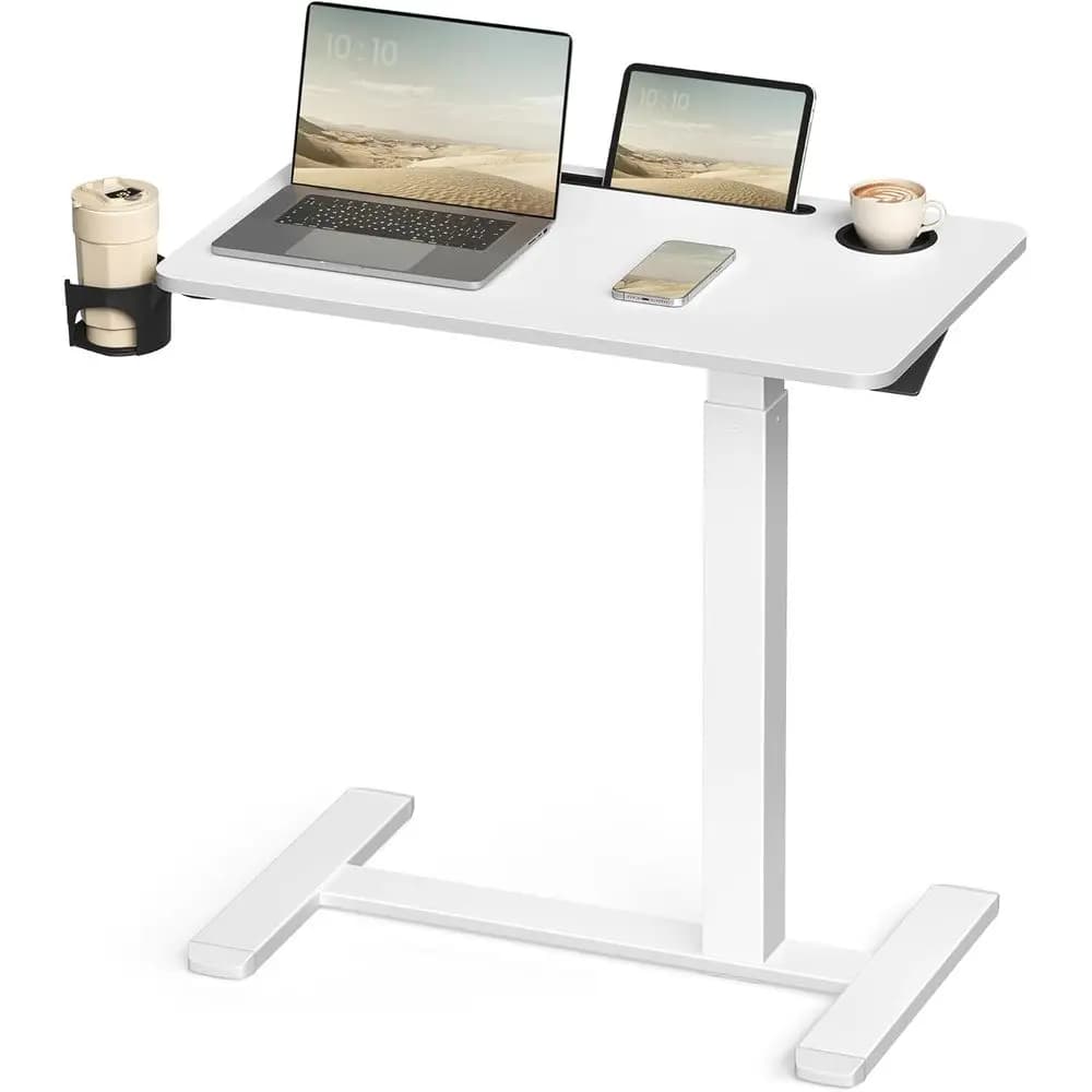 Scrivania per Computer Mobile Regolabile in Altezza con Ruote, Superficie 27.6x15.7, 2 Portabicchieri, Slot per Tablet, Bianco Nuvola