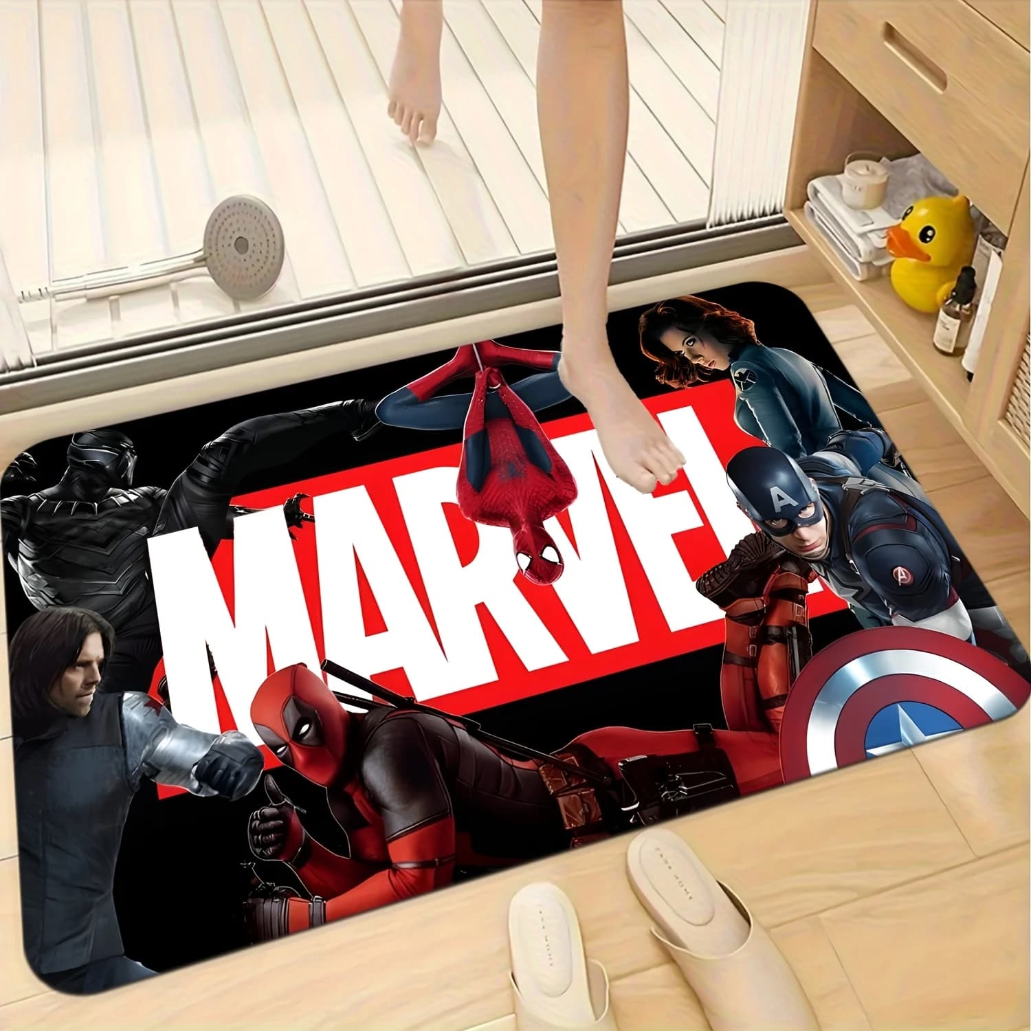 1 tappetino stampato a tema supereroi Marvel, tappeto rettangolare in flanella lavabile in lavatrice, tappetino decorativo per porta, tappetino da cucina, tappetino da esterno