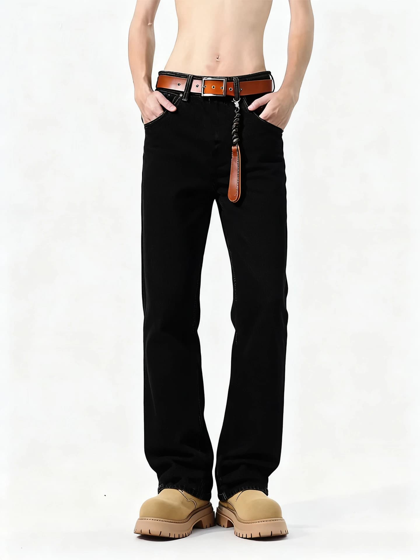 Jeans da Uomo Slim Fit in Pile Nero Puro, Vita Bassa, Gamba Dritta, Leggermente Svasati, Moda Giovanile Primavera Autunno