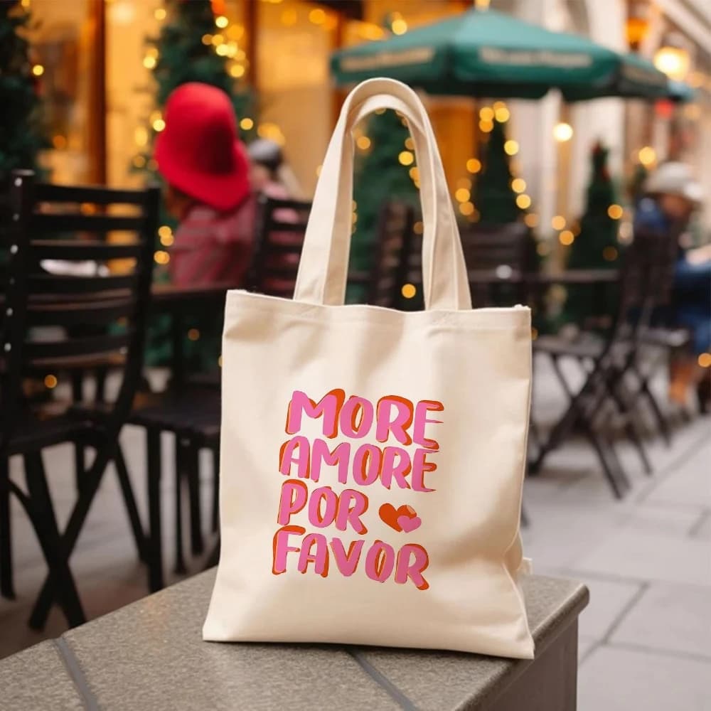 Borsa tote in tela con stampa More Amore Por Favor, borsa per la spesa riutilizzabile, ottimo regalo per l'uso quotidiano, viaggi e shopping