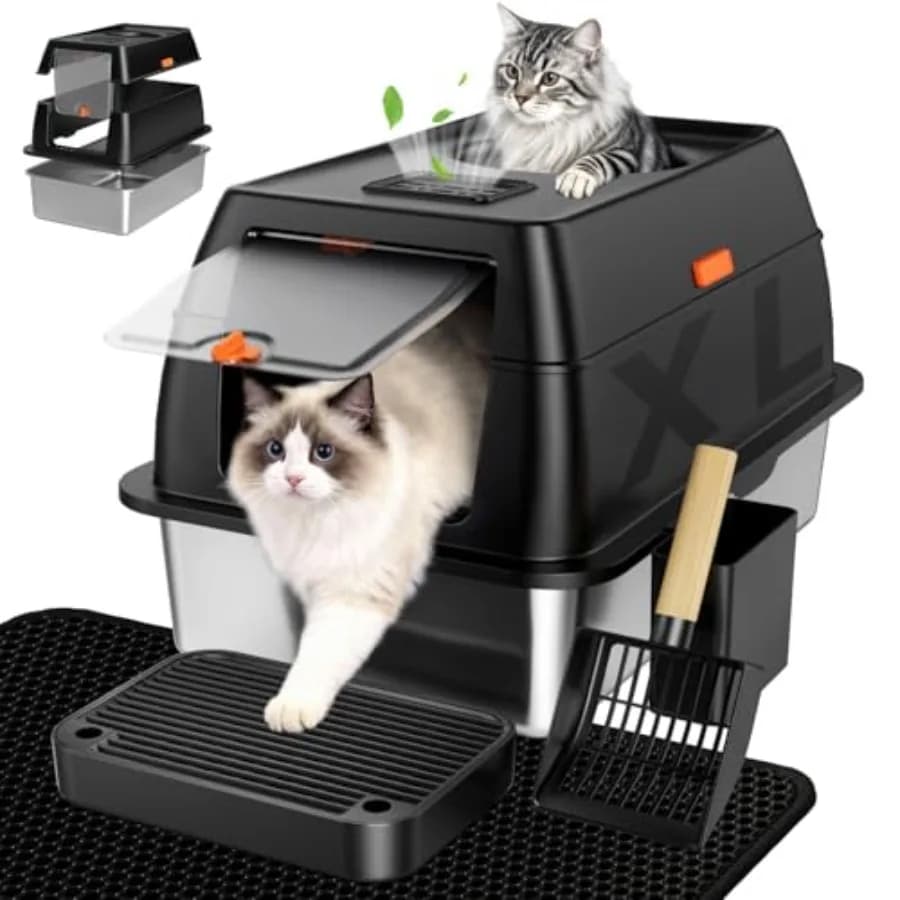 Lettiera per Gatti Extra Large in Acciaio Inossidabile con Coperchio, Contenitore Chiuso a Pareti Alte, con Ingresso Frontale e Uscita Superiore, Anti-Odore e a Prova di Cani