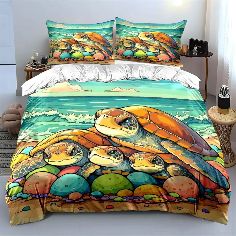Sea Turtle Family Beach Decor Soft Comfortable Duvet Cover Bedding Set Included 1*Duvet Cover & 2*Pillowcases, gift