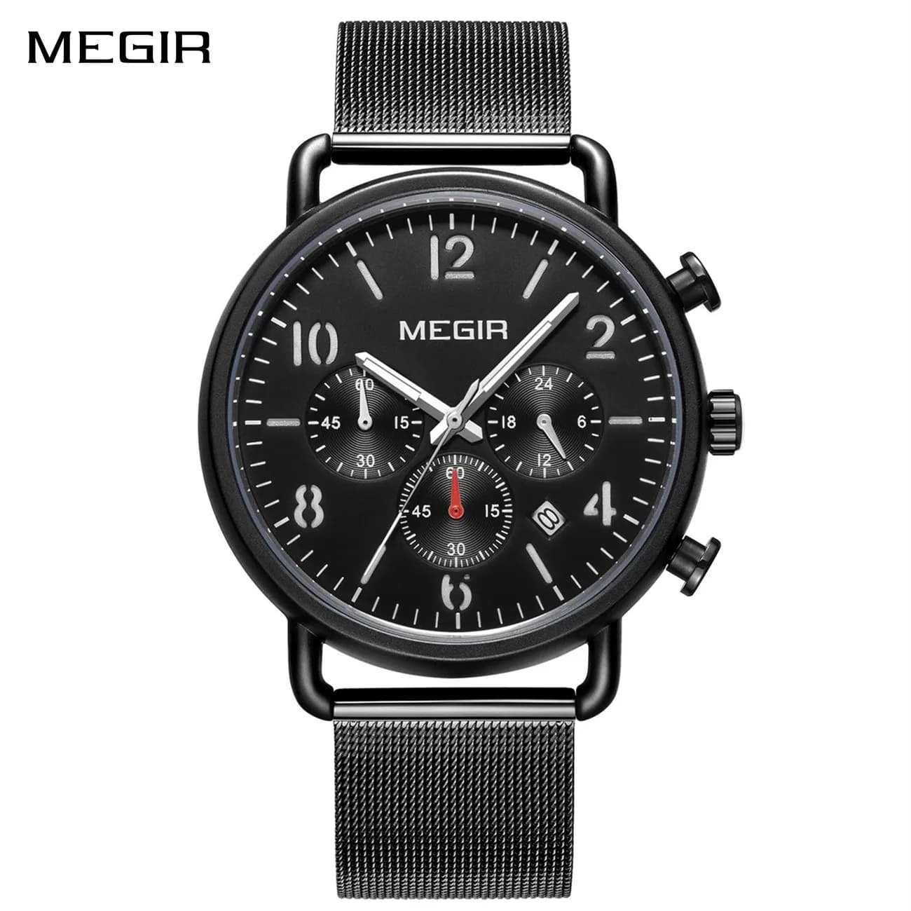 MEGIR Luxury Men's wrist watch, 43MM dial, Quartz movement, Stainless steel, Waterproof, with Calendar and Chronograph
