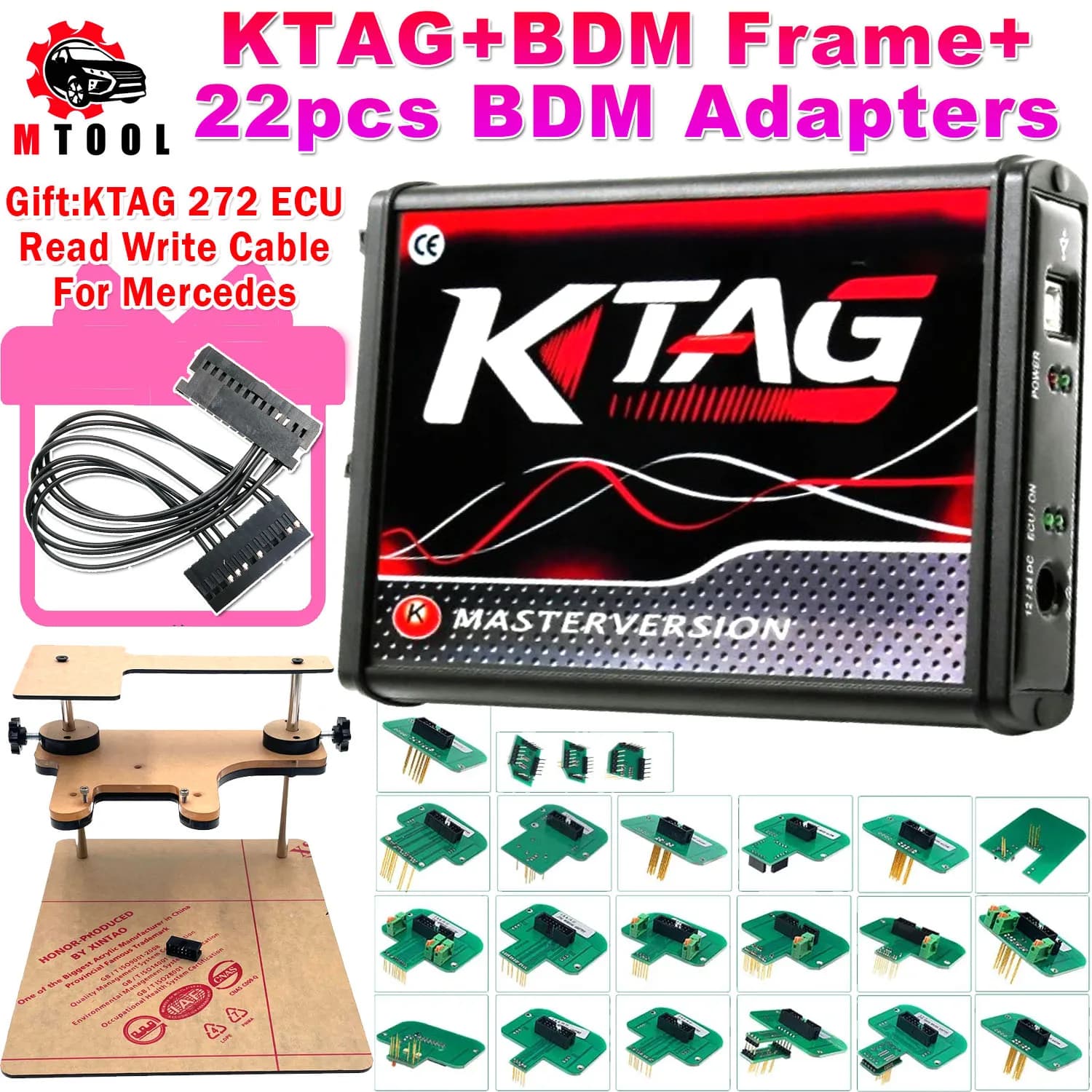 EU Red KTAG V7.020 con 272 ECU Cable OBD2 Manager Tuning Kit 4 LED BDM Frame 22pcs adattatori SW V2.25 ECU Programmer Kit PK KESS