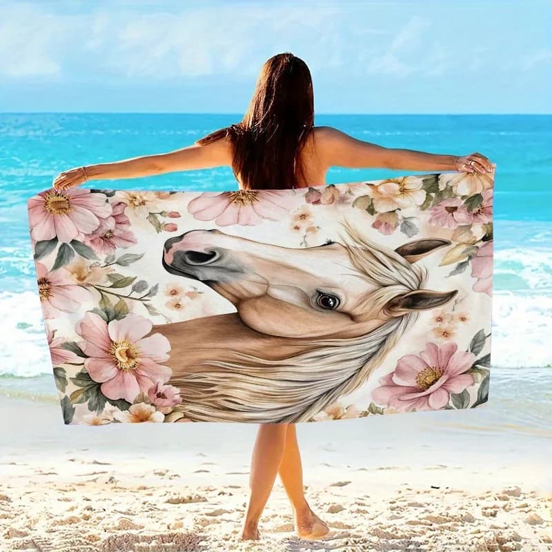 Asciugamano da Spiaggia Vintage con Stampa Floreale e Cavallo, Rosa, ad Asciugatura Rapida, in Microfibra, Anti-Sabbia, Assorbente, per Piscina e Viaggi, Lavabile