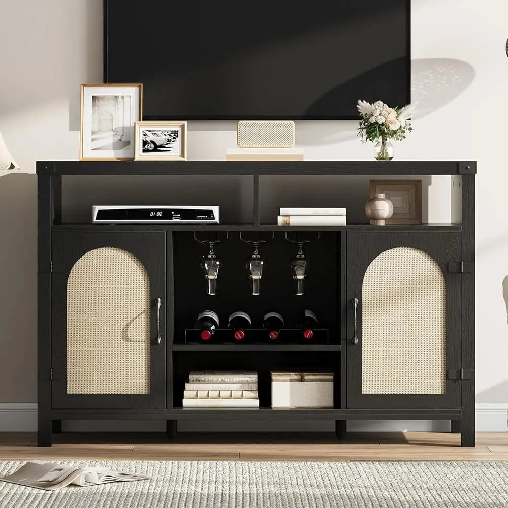 Black Rattan Storage Cabinet with Glass Holder and Adjustable Shelves for Wine, Coffee, and Dining Rooms