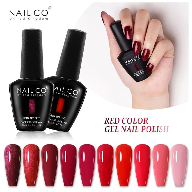 NAILCO Smalto Gel UV Rosso 15ml, Smalto Gel Nero per Unghie, Set per Nail Art, per Manicure, SENZA HEMA e TPO, Vernice Semipermanente
