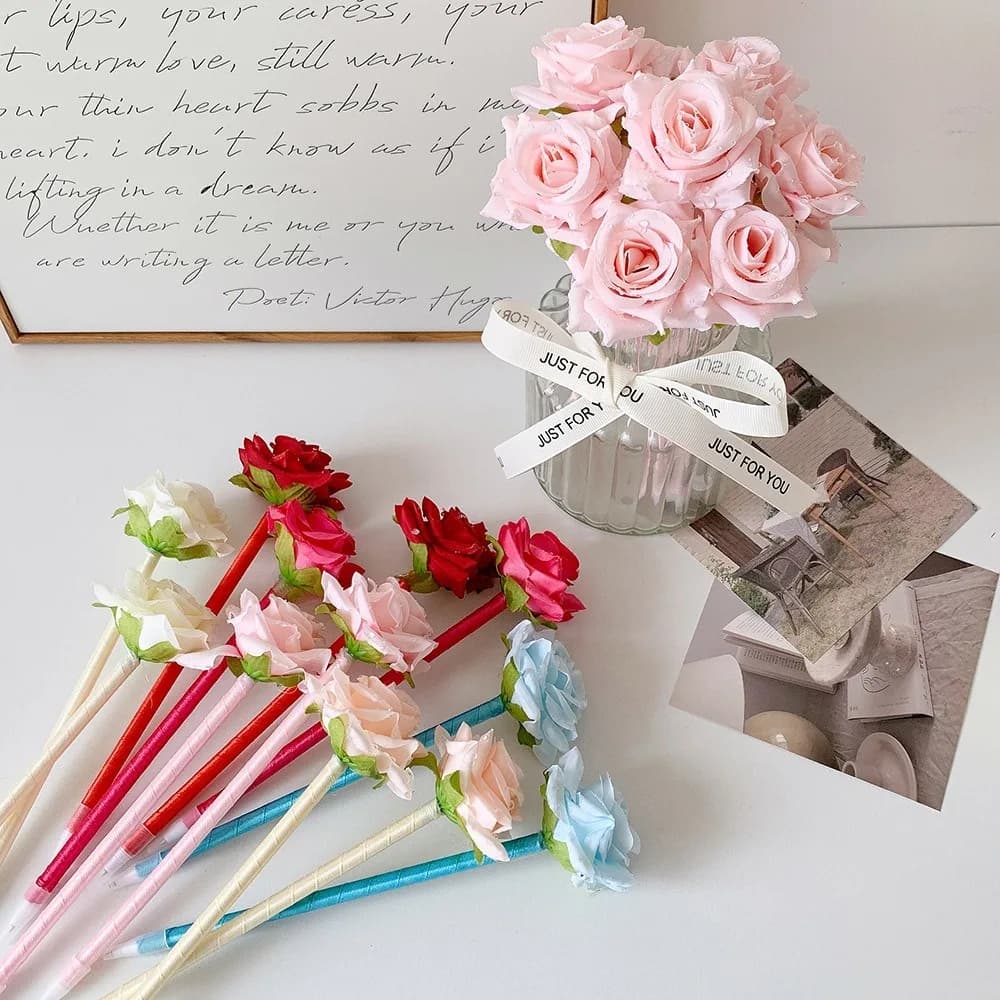 Cute Portable Floral Gel Pen 0.5mm Black Ink Ballpoint Pen Multipurpose Artificial Flower Series Writing Pen