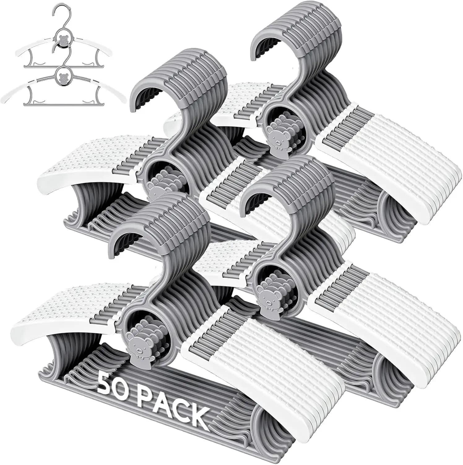Pack of 50 Adjustable Clothes Hangers Anti-slip for Kids with Windproof Buckle, Grey, 28-35 cm, Plastic, Baby and Adult
