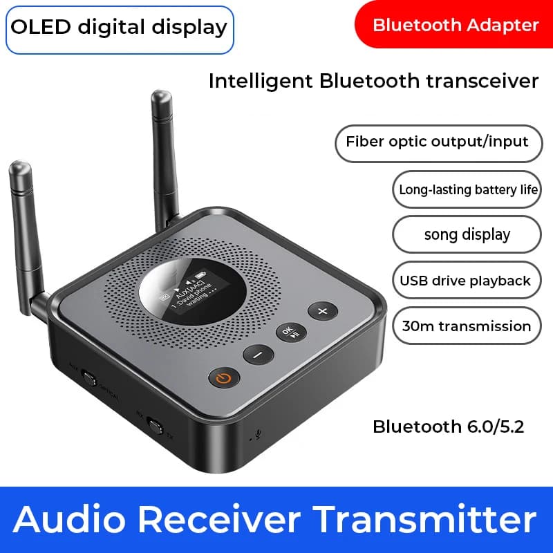 Ricevitore/Trasmettitore Audio Bluetooth 6.0/5.2 con Display Digitale OLCD, Lettore USB e Riproduzione Musicale Wireless con Uscita Ottica