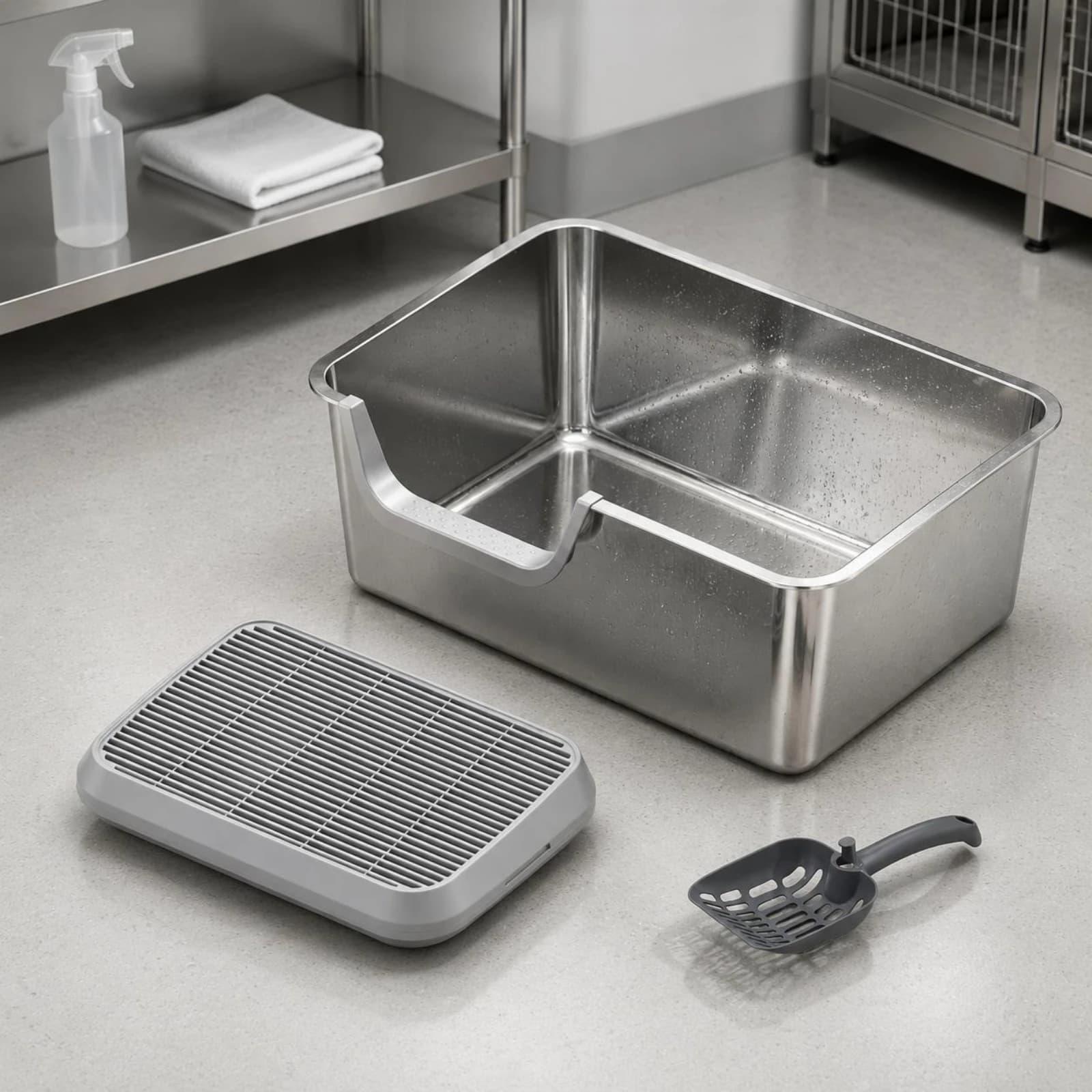 Stainless Steel Litter Box Single-Piece Construction uncoveredTop Litter Box Pet Toilet Light Gray Anti-Slip Stickers