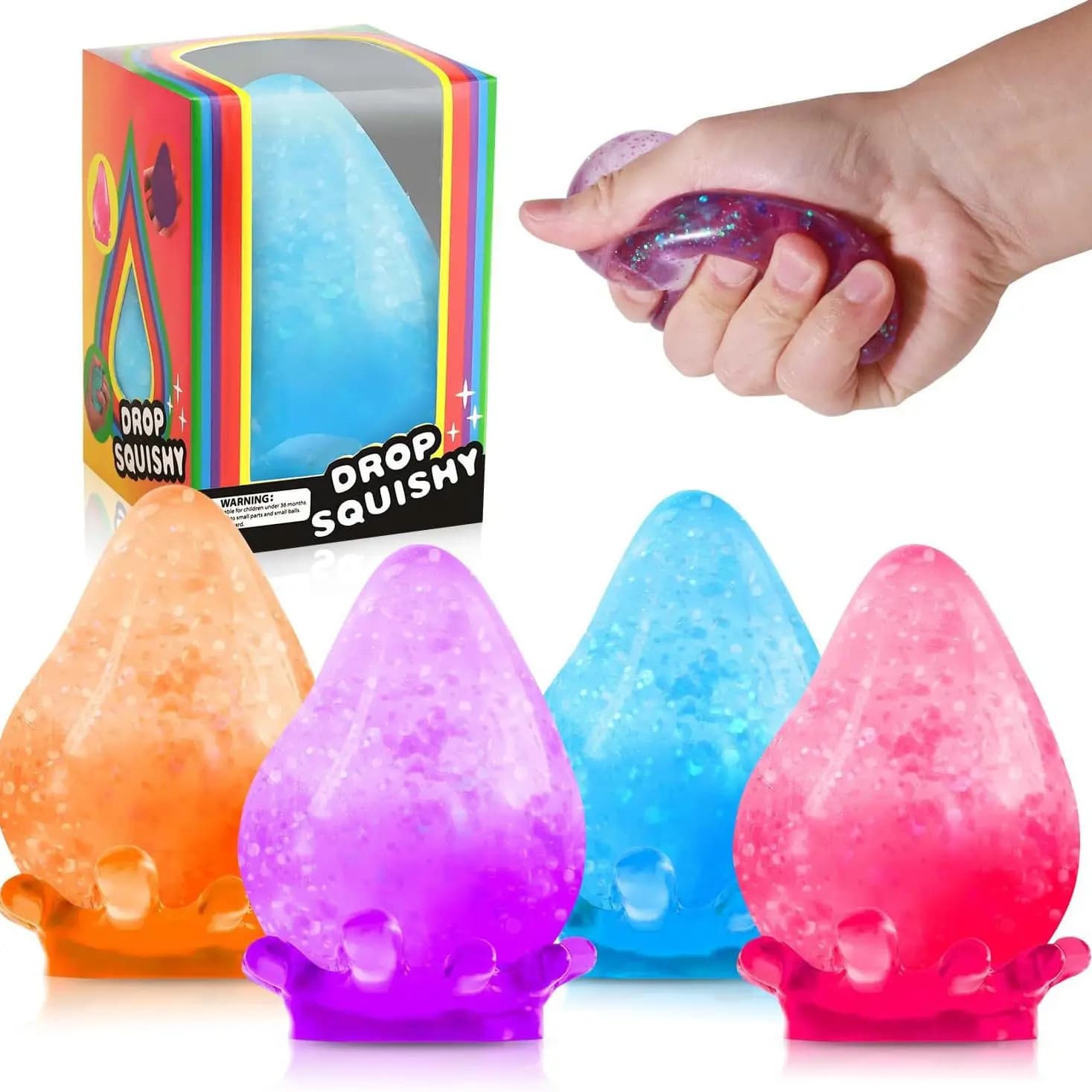 Squishy a forma di goccia d'acqua con glitter, giocattolo sensoriale antistress per alleviare ansia e stress, scatola a sorpresa per adulti