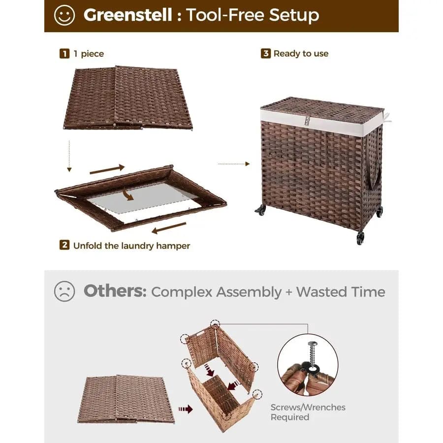 Basket with Wheels and Covers, 130L Large, 3 Parts, with 2 Types of Removable Bags, 5 Net Bags for Bucato, H