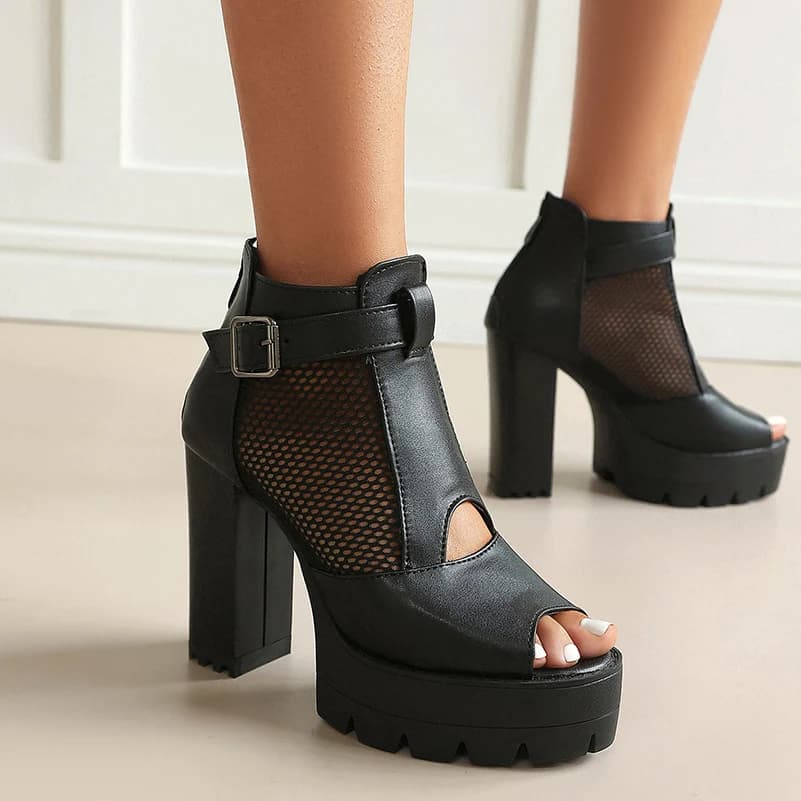 Plus Size Hollow Mesh Splicing PU Buckle Rear Zipper Platform Ultra High Hollow Coarse Heel Summer Peep Toe Cool Boots